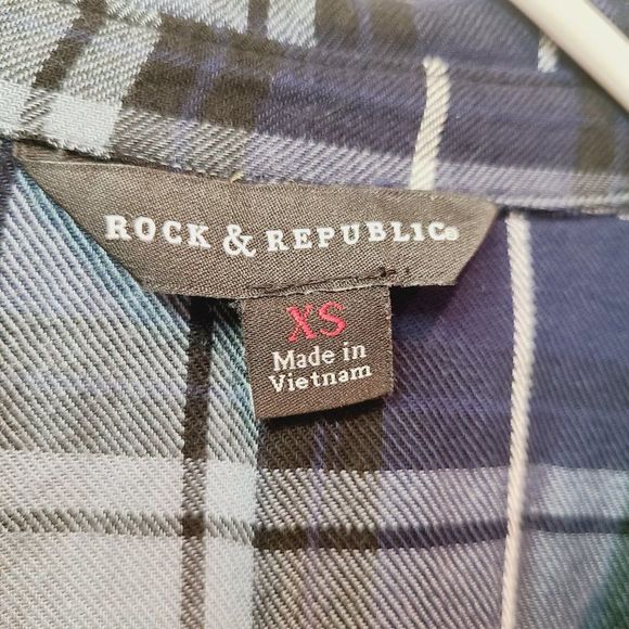 Rock & Republic Shirt Blue Plaid Flannel Metallic Trim Button Up Long Sleeve XS - Picture 4 of 7